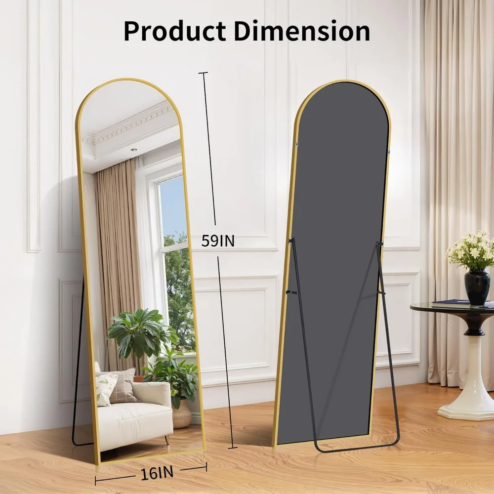 Espelho de piso de alumínio de comprimento total com suporte, 59 x 16, ideal para parede ou quarto, opção versátil de suspensão ou inclinada