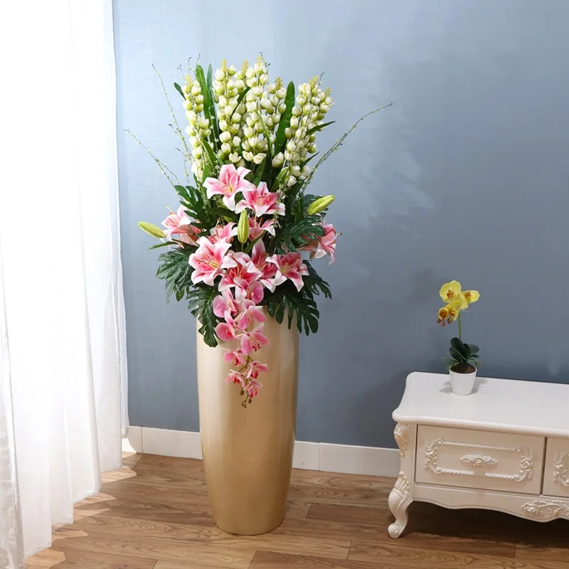 Living room flower arrangement, floor-to-ceiling bouquet, new Chinese large vase next to the large TV cabinet, simulated flower