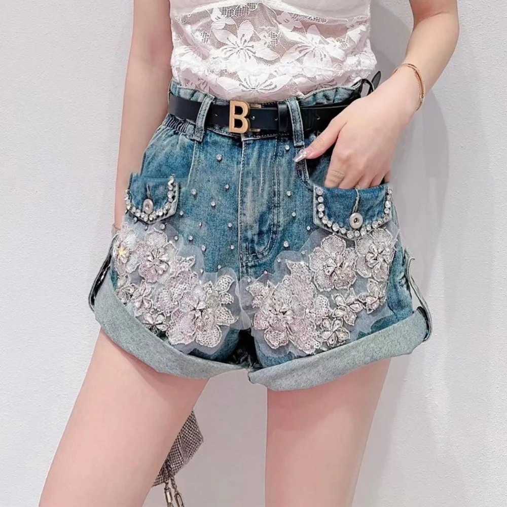 2023 Summer Heavy Industry Beads Mesh Embroidered Design Short Pants Loose Jeans Slimming High Waist Denim Shorts with Belt