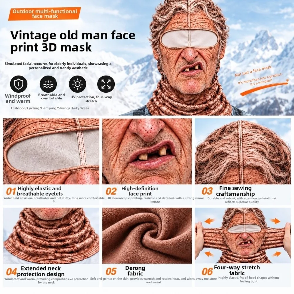 Prank 3D Printed Balaclava Ski Mask Windproof Warm Neck Gaiter Old Man Pattern Novelty Design Face Cover Halloween Party
