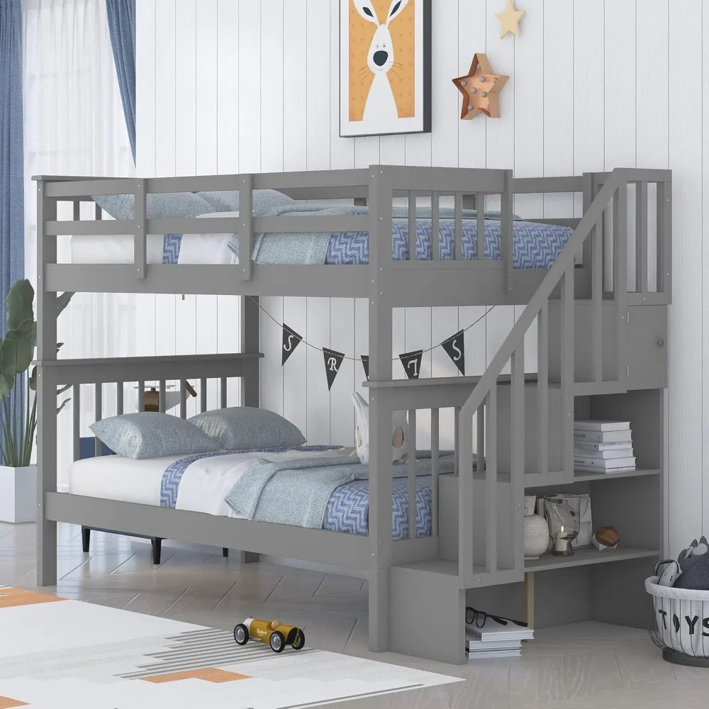 Bunk Beds Twin Over Twin with Stairs, with Storage and Guard Rail,for Kids, Bedroom, Dorm, Teens, Adults,Wood Bunk Bed Frame