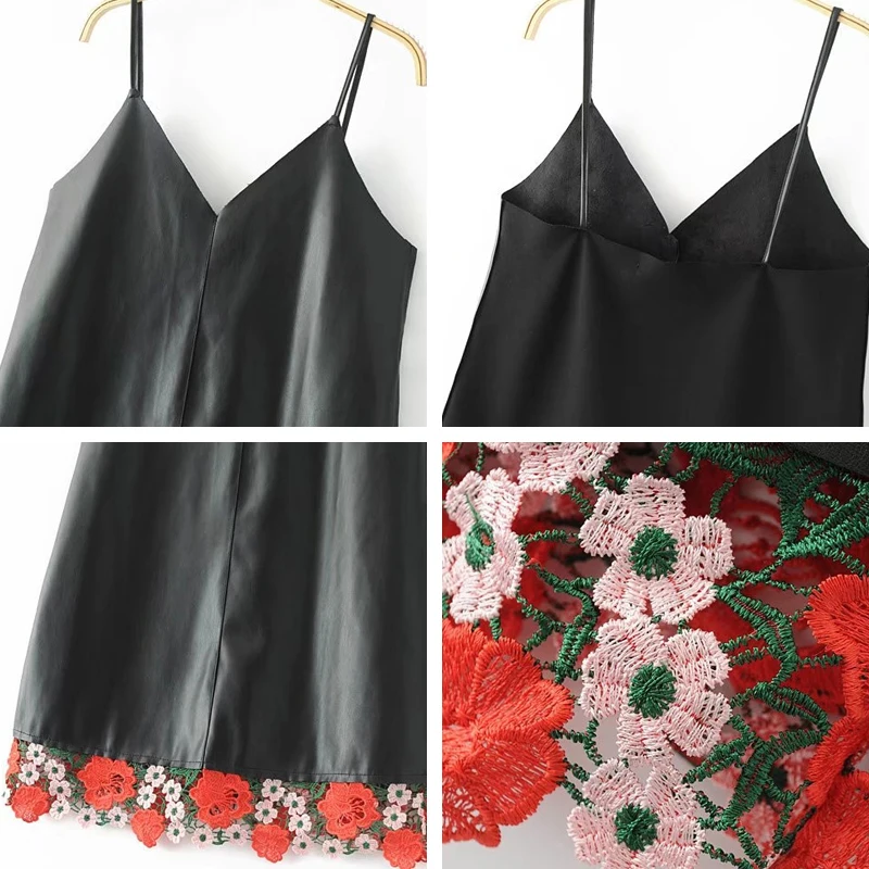 Bella Philosophy 2018 女性秋冬新作フェイクレザー PU キャミドレス刺繍花