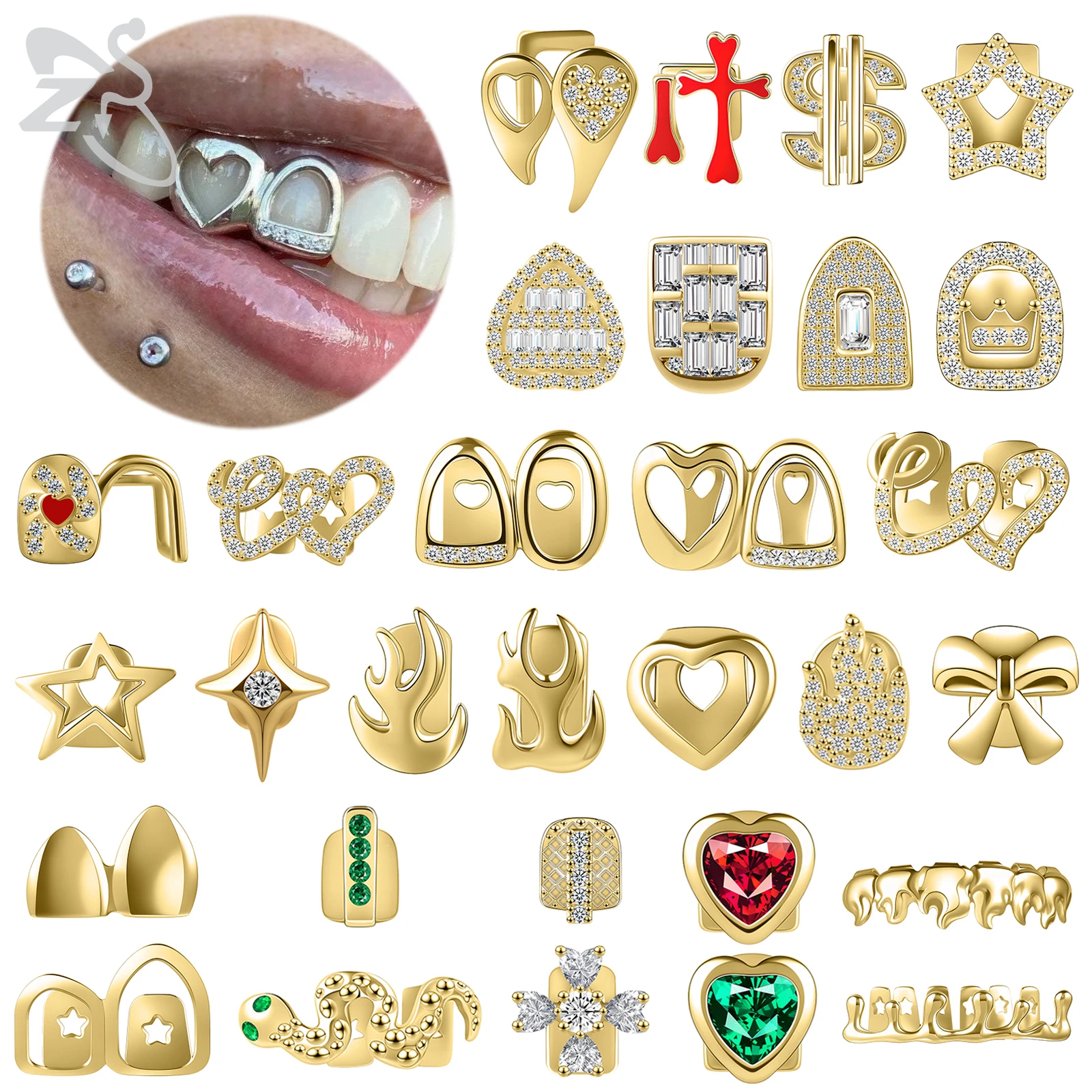 ZS 1 PC/Set Hip Hop Silver Gold Plated Grillz Teeth With CZ Crystal Gap Grillz Star Heart Shape Open Face Top & Bottom Cap Sets