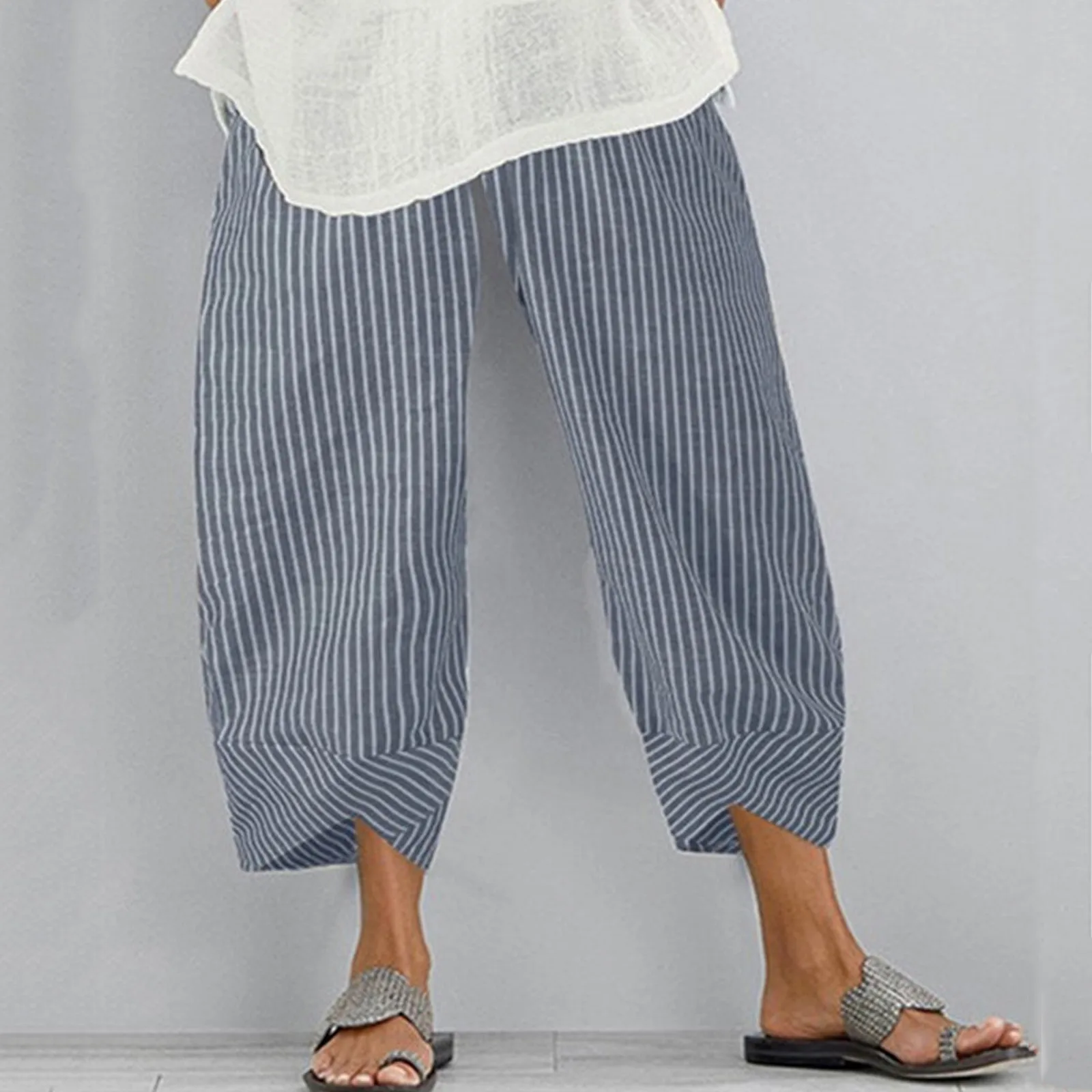 

Striped Women Loose Baggy Pants Lady Casual Wide Leg Cotton Linen Pants Casual Trousers 2024 Summer New Female Trousers
