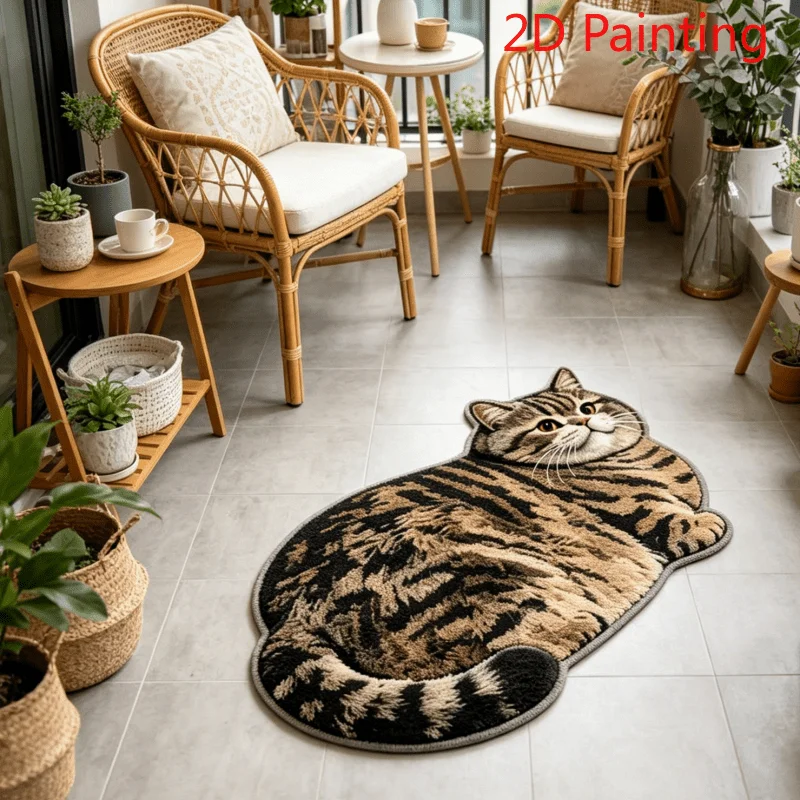 VIKAMA Lying Flat Tabby Cat Shaped Long Rug 2D Realistic Print Non Slip Waterproof Living Room Bedroom Floor Carpet