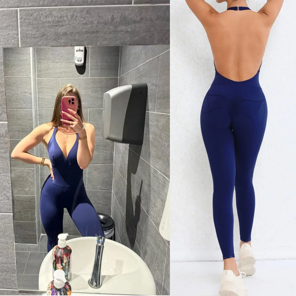 Pad Halter V Scrunch Pagliaccetto Donna Tuta intera Allenamento Yoga Set Abbigliamento da palestra aperto sul retro Tuta attiva da palestra a prova di scrunch