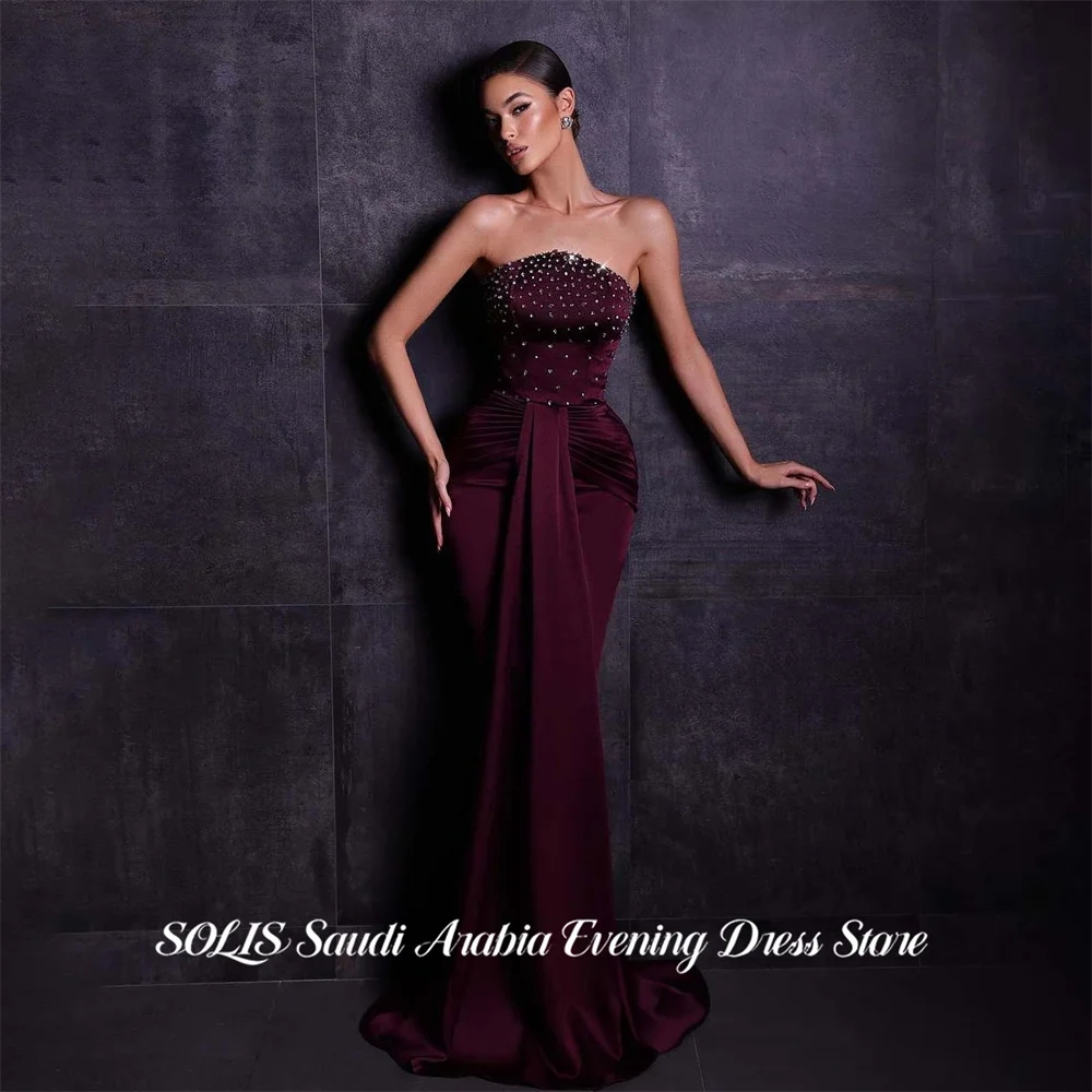 SOLIS Burgundy Party Dress Strapless Sleeveless Evening Dress Ruched Prom Gown Beading On Chest فساتين سهره Customized