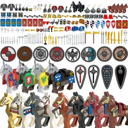MOC Medieval Military Building Blocks Roman Crusader Figures Printed Combat Equipments Army Flag Shield War-horse Assembly Brick