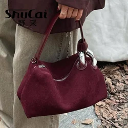 Ladies Brown Coffee Matte Suede Leather Pillow Tote High Quality Women Handbag Winter Autumn Female Shoulder Crossbody Bag Red