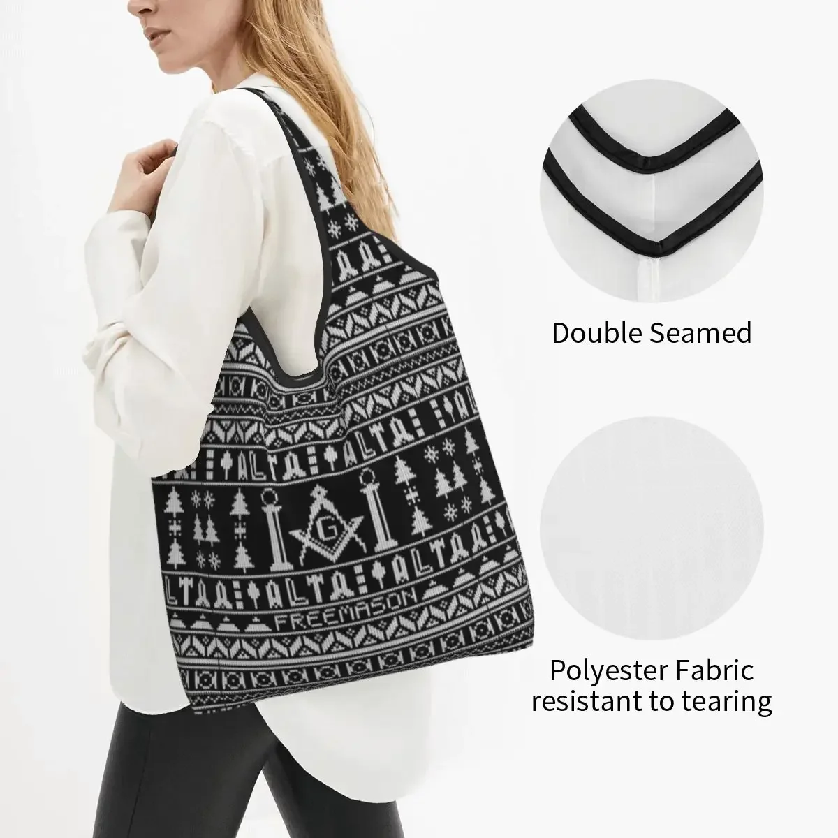 Masonic Mason Freemason Pattern Groceries Shopping Bags Custom Shopper Tote Shoulder Bag Large Capacity Portable Handbag