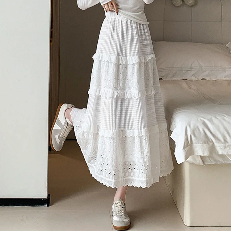 2023 neue Spitze Gefaltete Röcke für Frauen Frühling Herbst Weiß Hohl Hohe Taille Röcke Frau Elastische Taille A-linie Rock Mujer