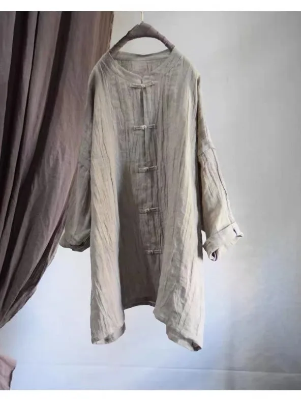 Nuovo abbigliamento casual di media lunghezza da donna in cotone e lino di ispirazione buddista cinese con dettagli di bottoni e vestibilità ampia