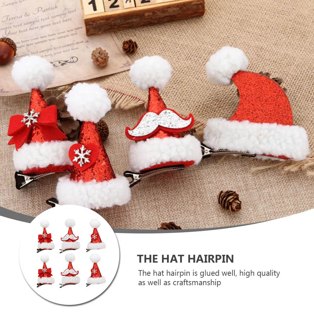 6Pcs Christmas Hairpins Santa Hat Style Hair Clips Non Tangling Strong Grip for Party Festival Wedding