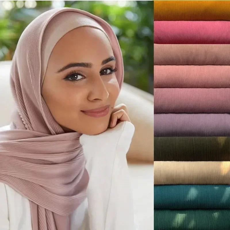 Big Size Pleated Chiffon Hijab Scarf for Muslim Women Turban Pashmina Shawls and Scarves Women Bandana Headband Hijabs Headscarf