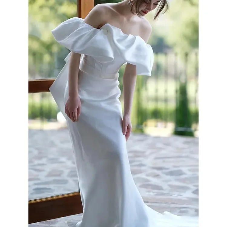 Customized One Shoulder Simple French Style Solid Evening Dress Temperament Elegant Wedding Party Vestidos Trumpet Design Prom D