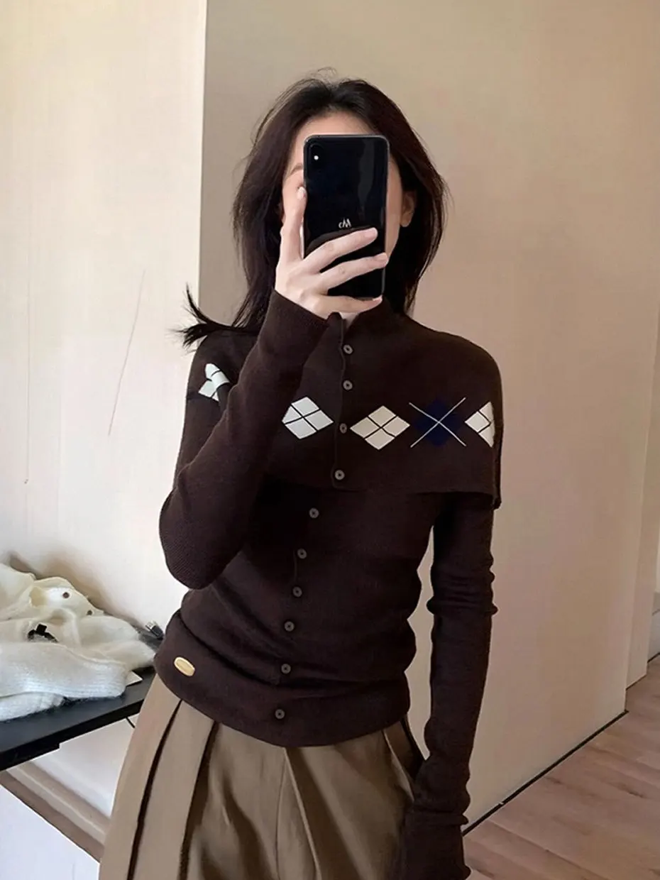 

Autumn Winter Half High Collar Knitted Open Cardigan Long Sleeve Geometric Pattern Two Piece Set for Women Casual Artistic Style