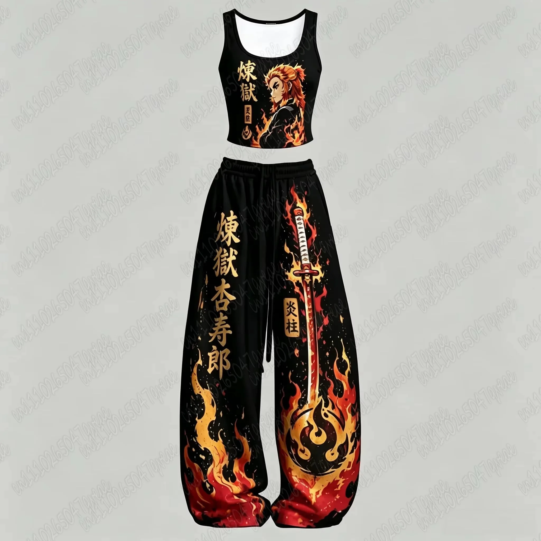 26Hot Family Matching Japanese Anime Print 2 Piece Outfit Y2K Streetwear Crop Tank Top + Wide Leg Pants Set Sportswear Tracksuit