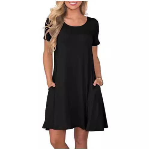 

2025 European and American New Round Neck Solid Color Casual Pocket Short Sleeve Big Pendulum Dress Women's Clothing