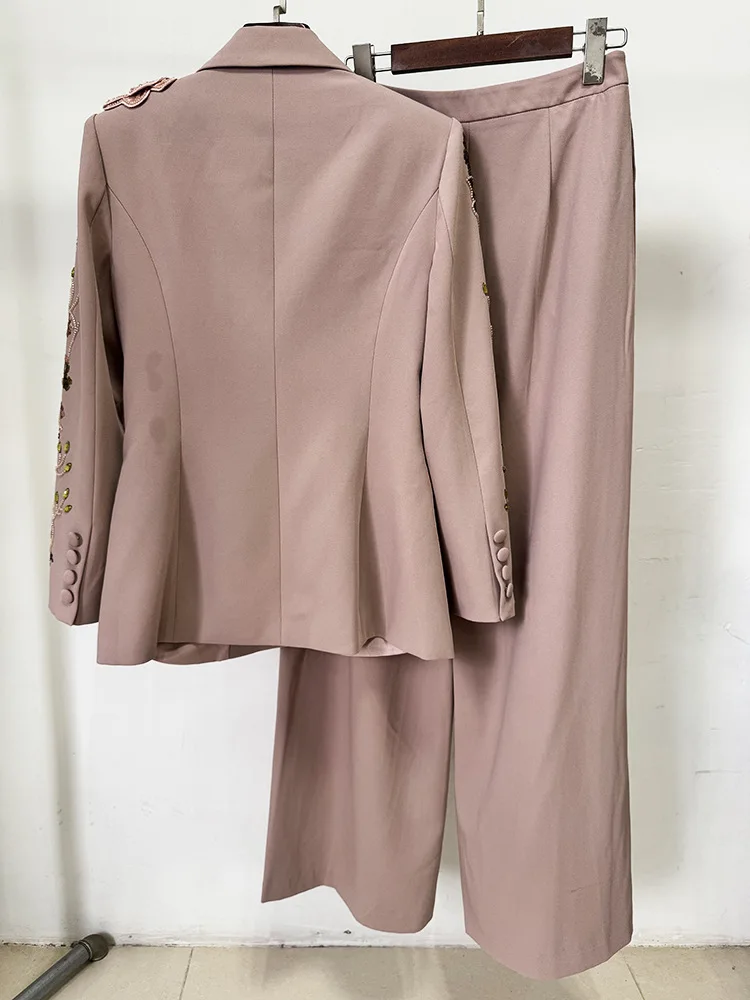 High-quality Newest Fashion Designer Runway Suit Set Women's 3D Flowers Beaded Blazer Wide Leg Pants Sets пиджак женс