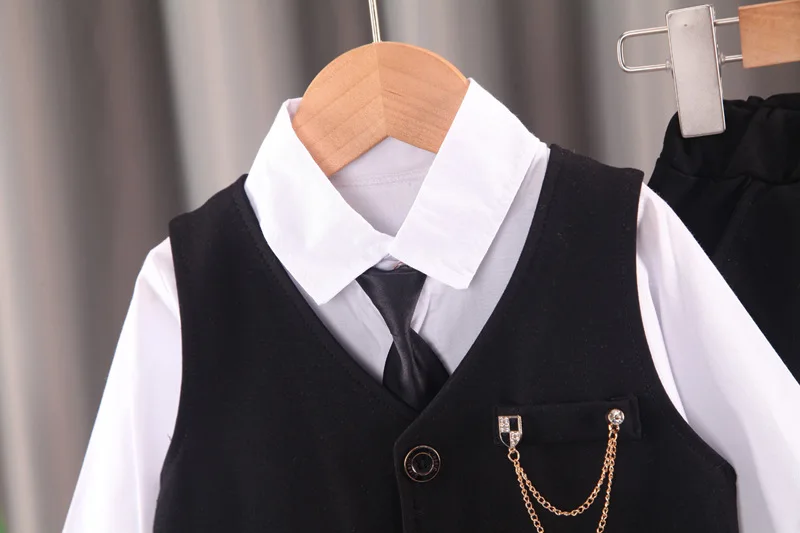 2024 new  boy\'s solid color children\'s gentleman suit wear baby chain vest  Tie Shirt three piece formal evening fashion dres