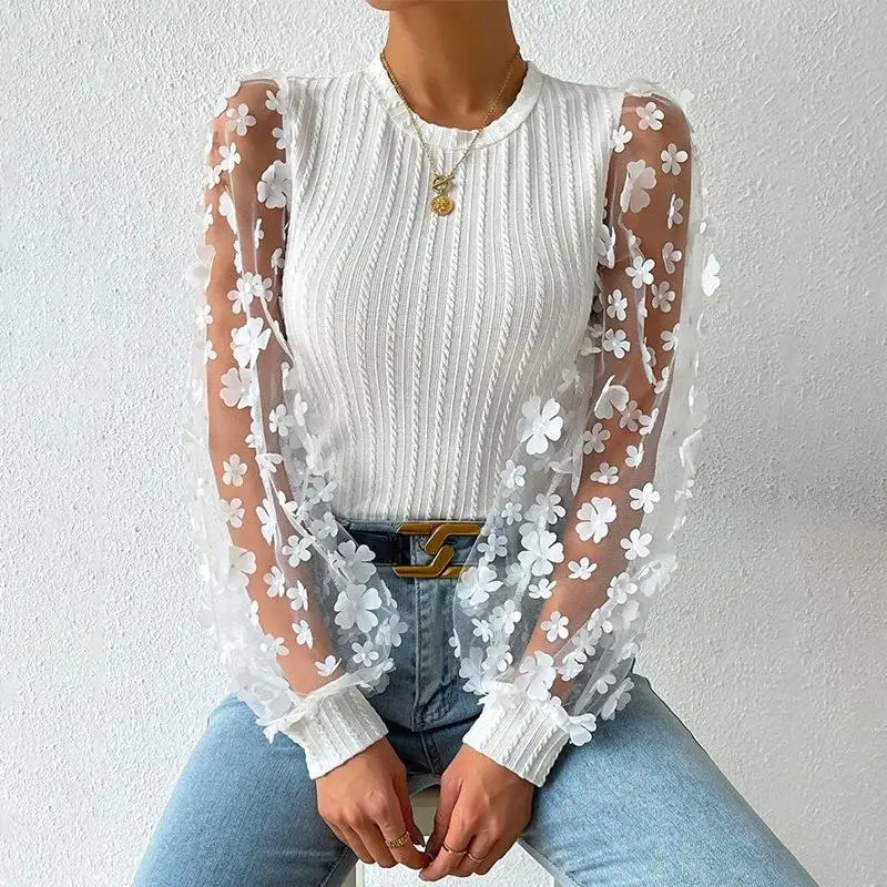 

Women's Slimming Mesh Flower Print Pullover Shirt Long Sleeve Lantern Sleeve European Style Fashion Ladies' Lace Shirt