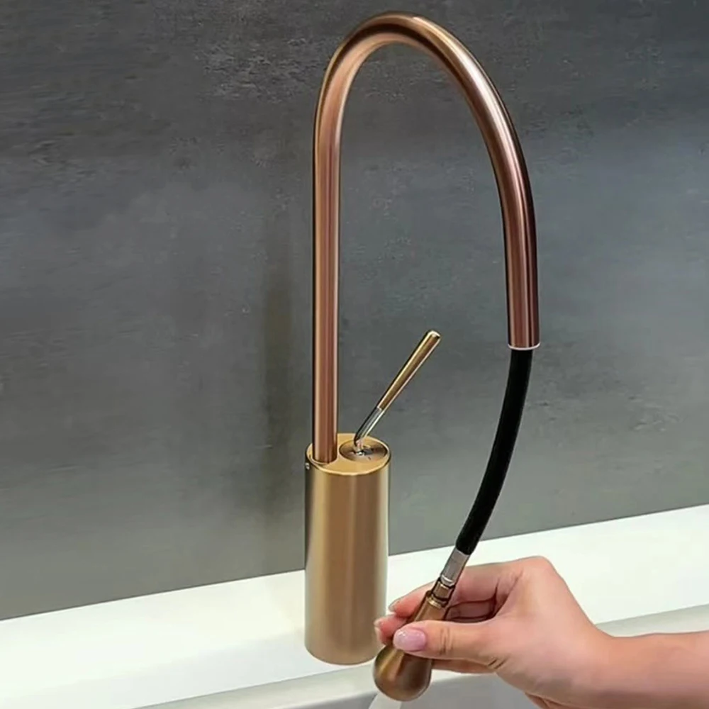 خلاط مطبخ ذهبي اللون، خلاط مياه بارد وساخن، مادة من الستانلس ستيل، خرطوم للجسم قابل للسحب للأسفل #6