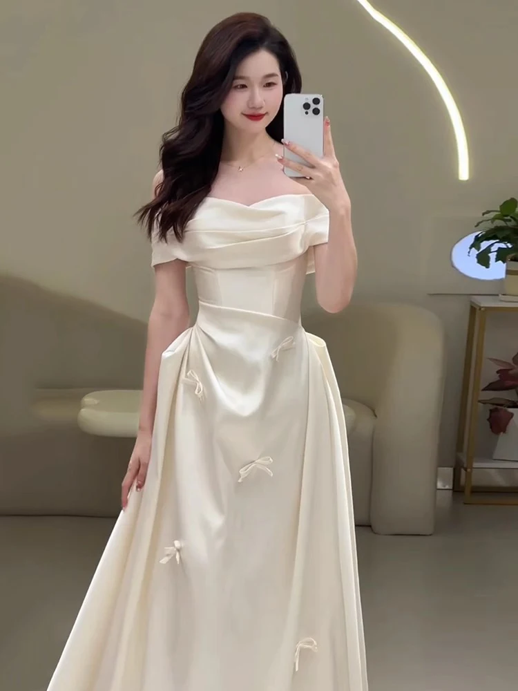 فستان زفاف فرنسي أنيق مثير خارج الكتف فستان زفاف عالي الخصر نحيف على شكل حرف a بفيونكة بيضاء فستان سهرة طويل للنساء #3