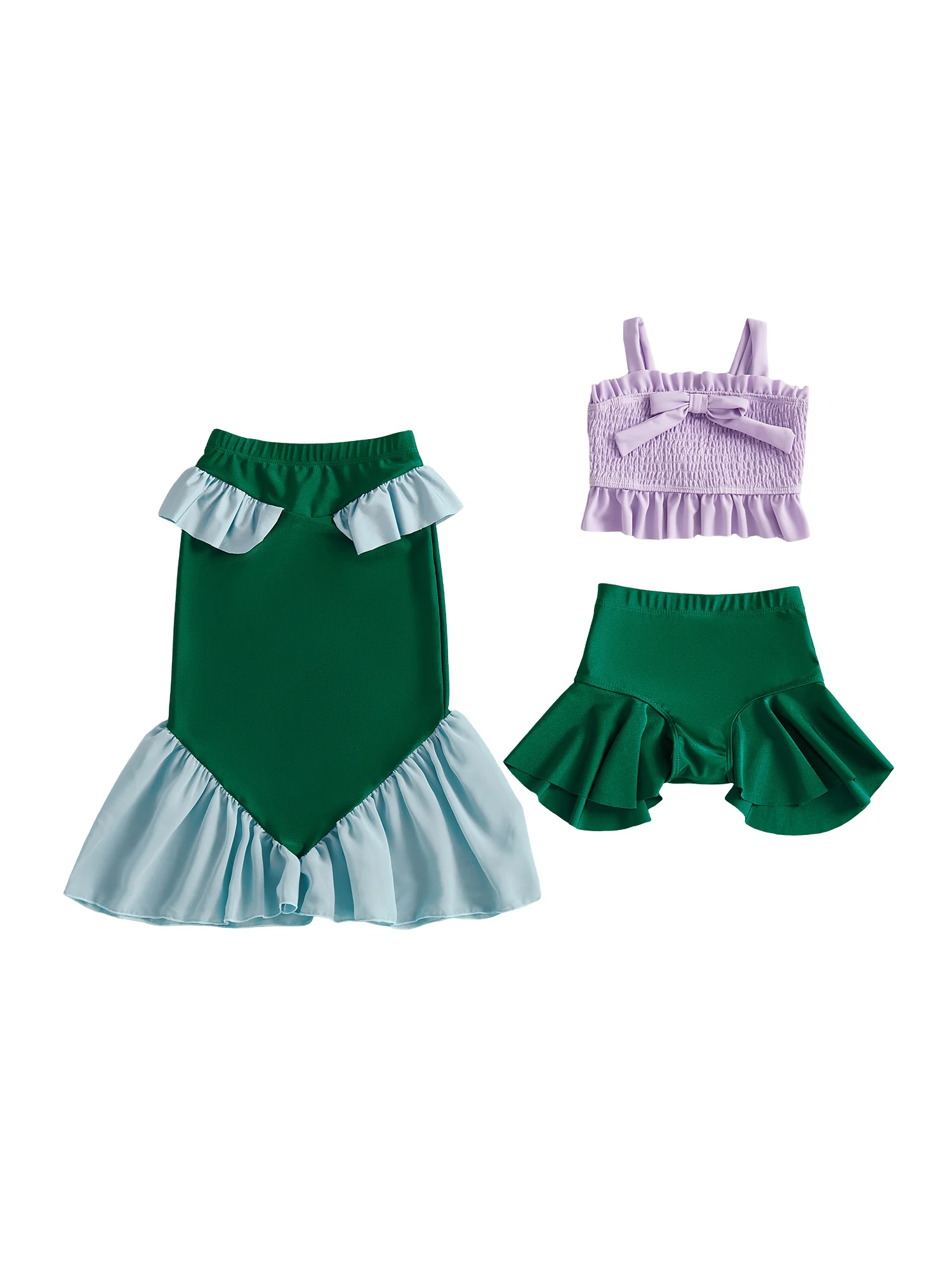 

Очаровательная пляжная одежда для маленьких девочек, комплект из трех предметов с оборками, гофрированные топы на бретельках, одинаковые штаны и струящаяся макси-юбка