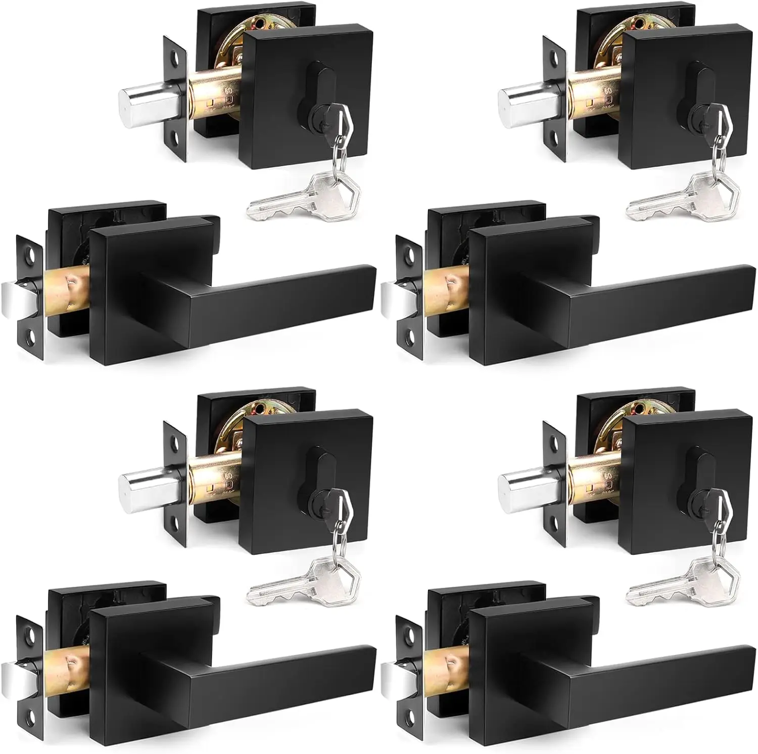 brico Flat Black Passage Door Lever With Single Cylinder Deadbolts Combo Pack, Modern Square Lock Set Handleset,Exterior