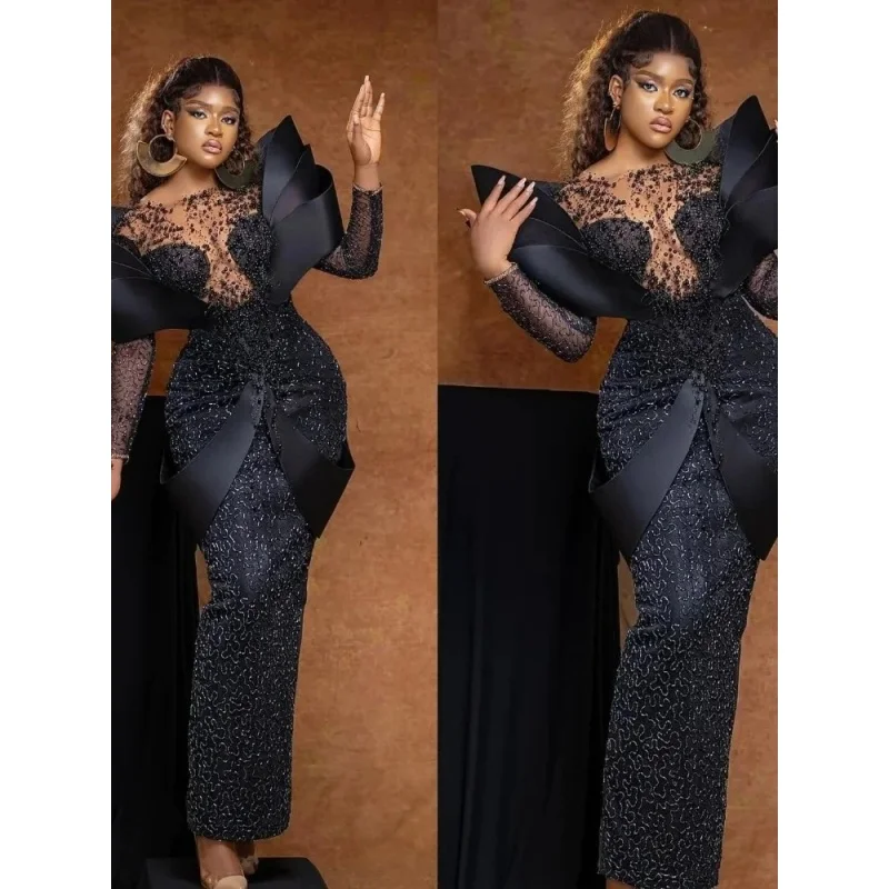 Black Aso Ebi Plus Size Evening Gown Long Sleeve Beaded Lace Birthday Dress Illusion Bodice Formal Dress for Women Customized image 3