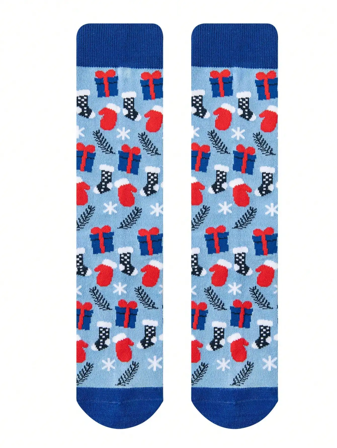 1 Pair Light Blue Base Xmas Socks | Blue-Red Contrast, Gift/Glove/Snowflake Patterns, Unisex, Festive & Daily Wear