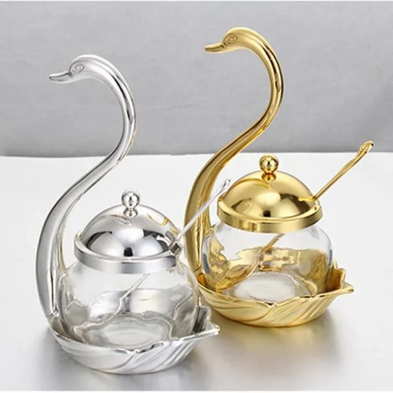 

Top Aluminum alloy Condiment Pot Seasoning Container Spice Glass Jar Salt Sugar Bowl Pepper Coffee Storage Organizer Swan MJ