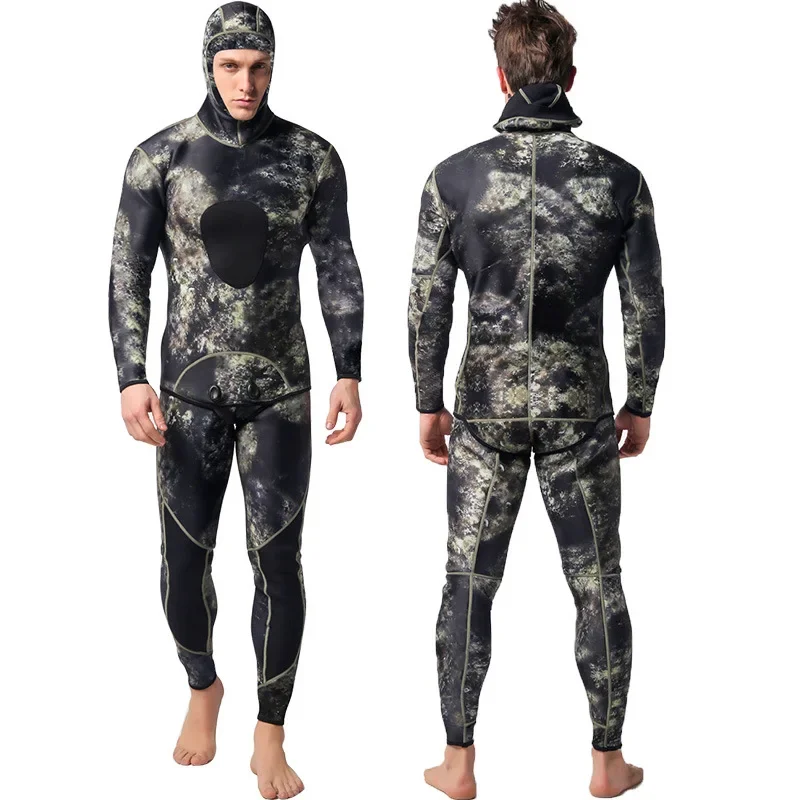 Scuba Diving Suit for Men 3mm Neoprene Wetsuit Camouflage Split Two-Piece Hooded Warm Spearfishing Diving Suit Swimsuit