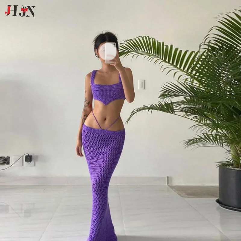 JHJN 2 قطعة مجموعة ملابس الصيف للنساء مثير الكروشيه عطلة الشاطئ وتتسابق الجوف خارج تنورة طويلة ومجموعة اقتصاص