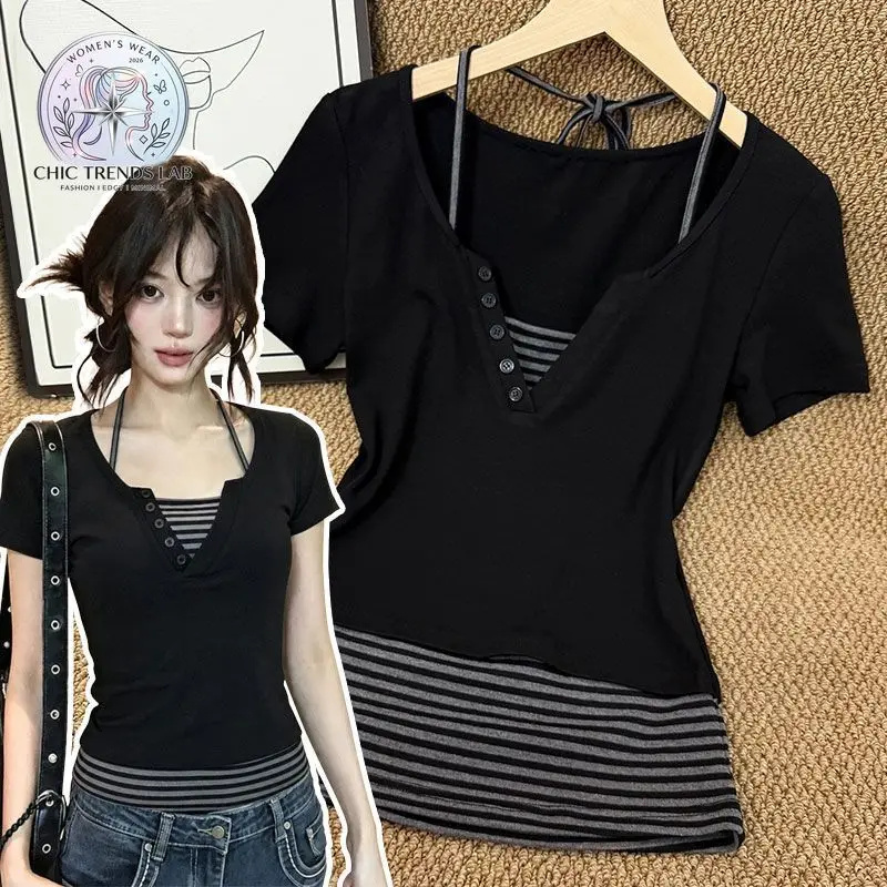 Y2K Grunge Striped Patchwork Women T Shirt Fake Two Piece V Neck Button Crop Top Halter Strap Short Sleeve Casual Tee Harajuku