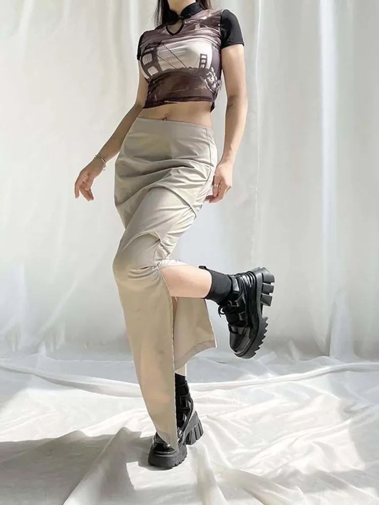Fashion Faldas Streetwear Casual Y2k Aestheric Ankle Length Skirt For Women Clothing Side Split Pleated Long Women Sexy Mujer
