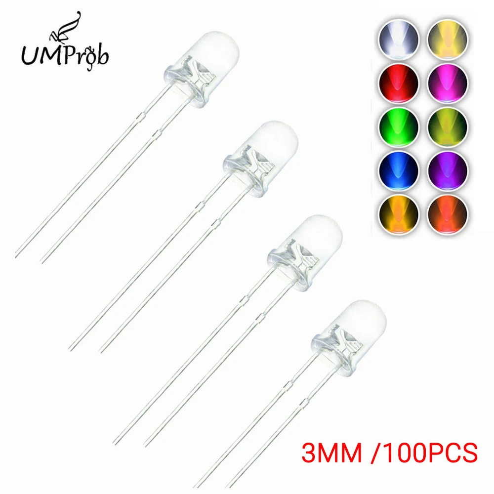 F3 10 Colors 3MM Round LED Light Diode Green/Yellow/Blue/White/Red/Warm White/Orange/Purple/Pink/Yellow Green LED Kit