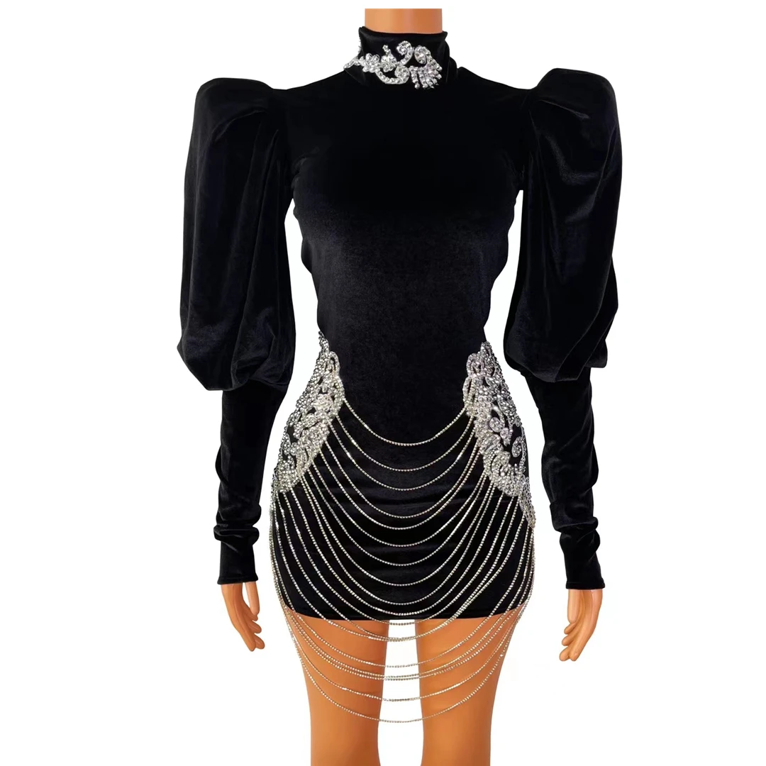 

Shining Crystals Black Velvet Evening Costume Celebrate Big Shoulder Dress Dance Prom Outfit Birthday Party Dresses for Women