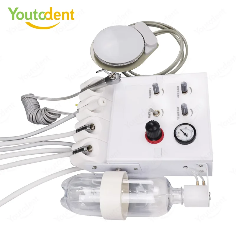 

Portable Dental Air Turbine Unit Wall Mount with 3 Way Syringe &Weak Suction, Foot Pedal Control 2/4 Holes Dental Unit