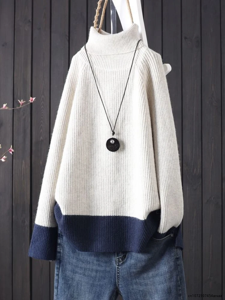 

Fashion Tops 2023 Women's Autumn Winter New Products High Neck Contrast Color Stitching Casual Pullover Oversized Sweater Women