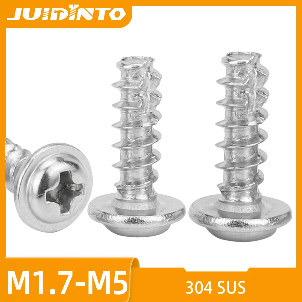 JUIDINTO Round Head Washer Cutting Tail Self Tapping Screws 304 Stainless Steel Pan Head Screw with Washer M2 M2.3 M2.6 M3 M4 M5