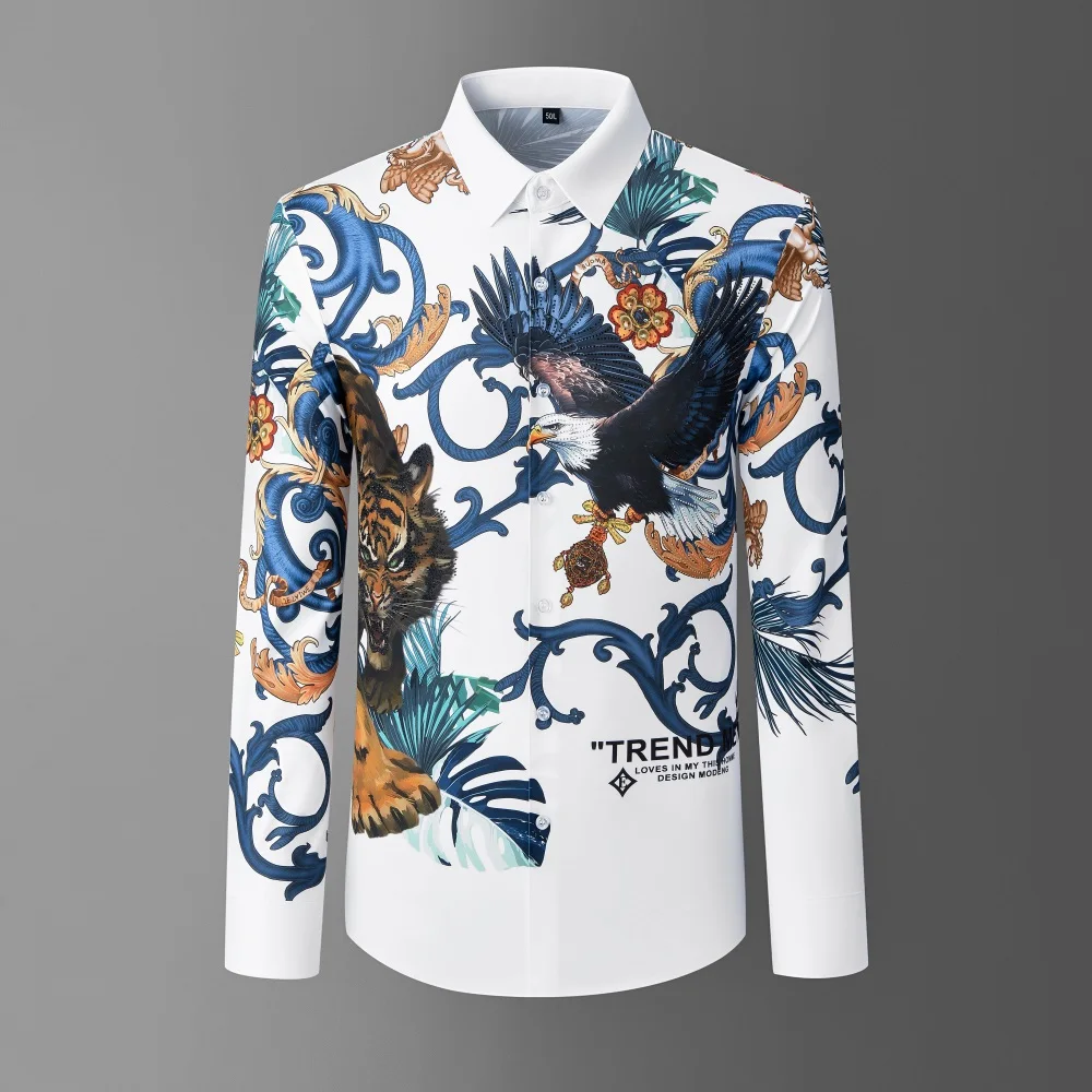 

Brand Retro Printed Men's Shirt High End Rhinestones Long Sleeve Casual Shirts Slim Business Social Banquet Party Dress Shirt