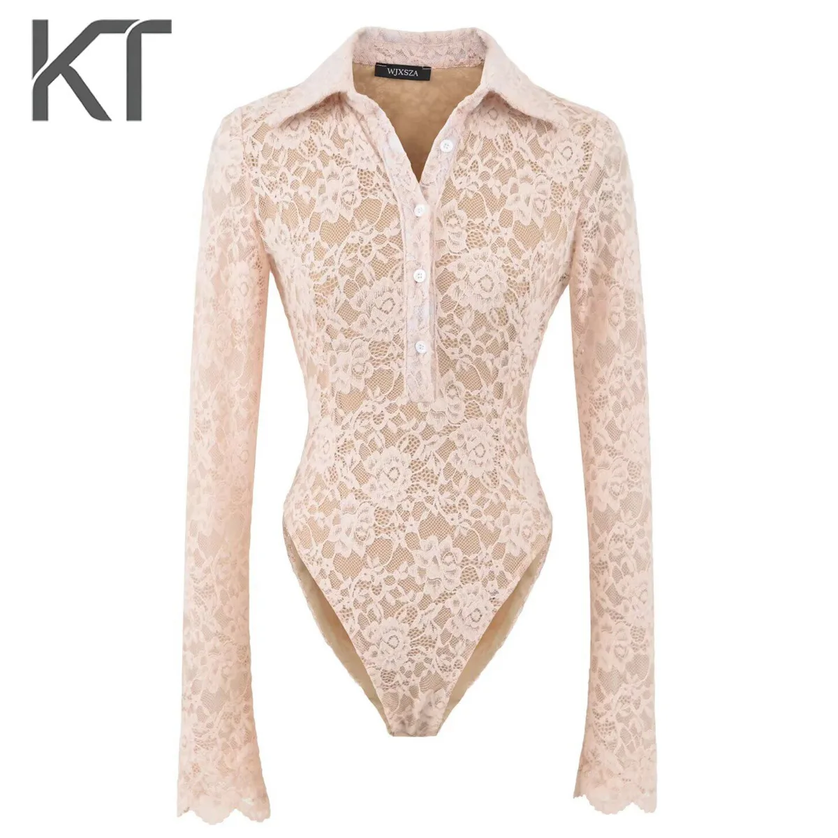 

Женское кружевное боди KT Nude с цветочным узором, приталенное, с длинным рукавом, на пуговицах, новинка 2026 года