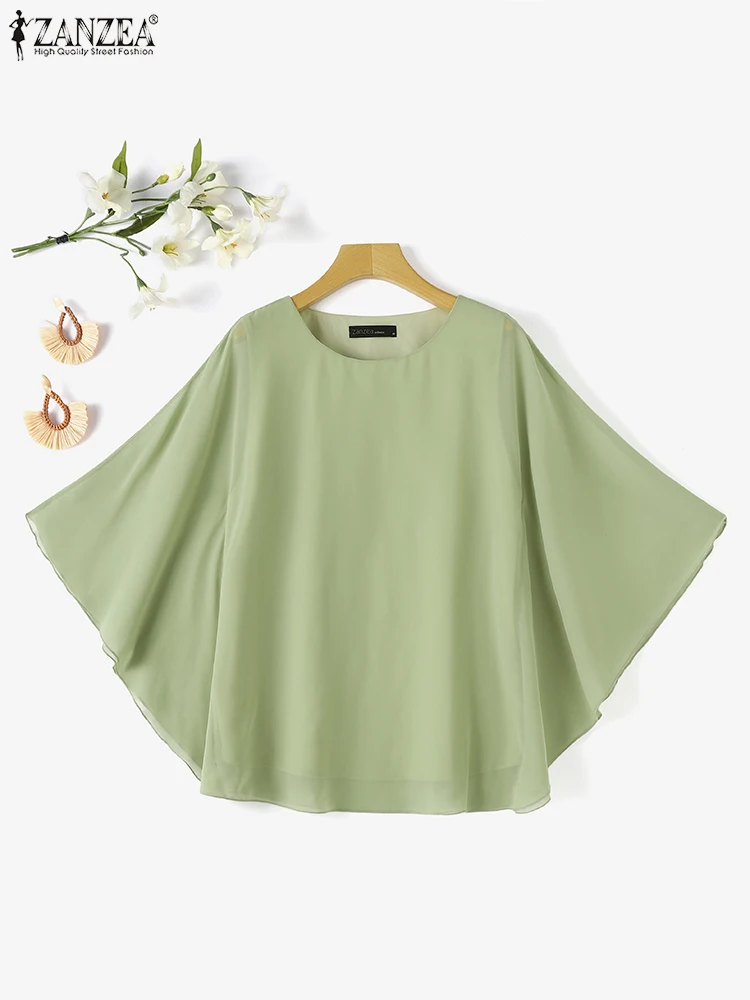 2024 ZANZEA Summer Women Blouse Solid Chiffon Tops Casual Loose Fashion Round Neck Shirts Holiday Vintage 3/4 Sleeve Blusa Femme