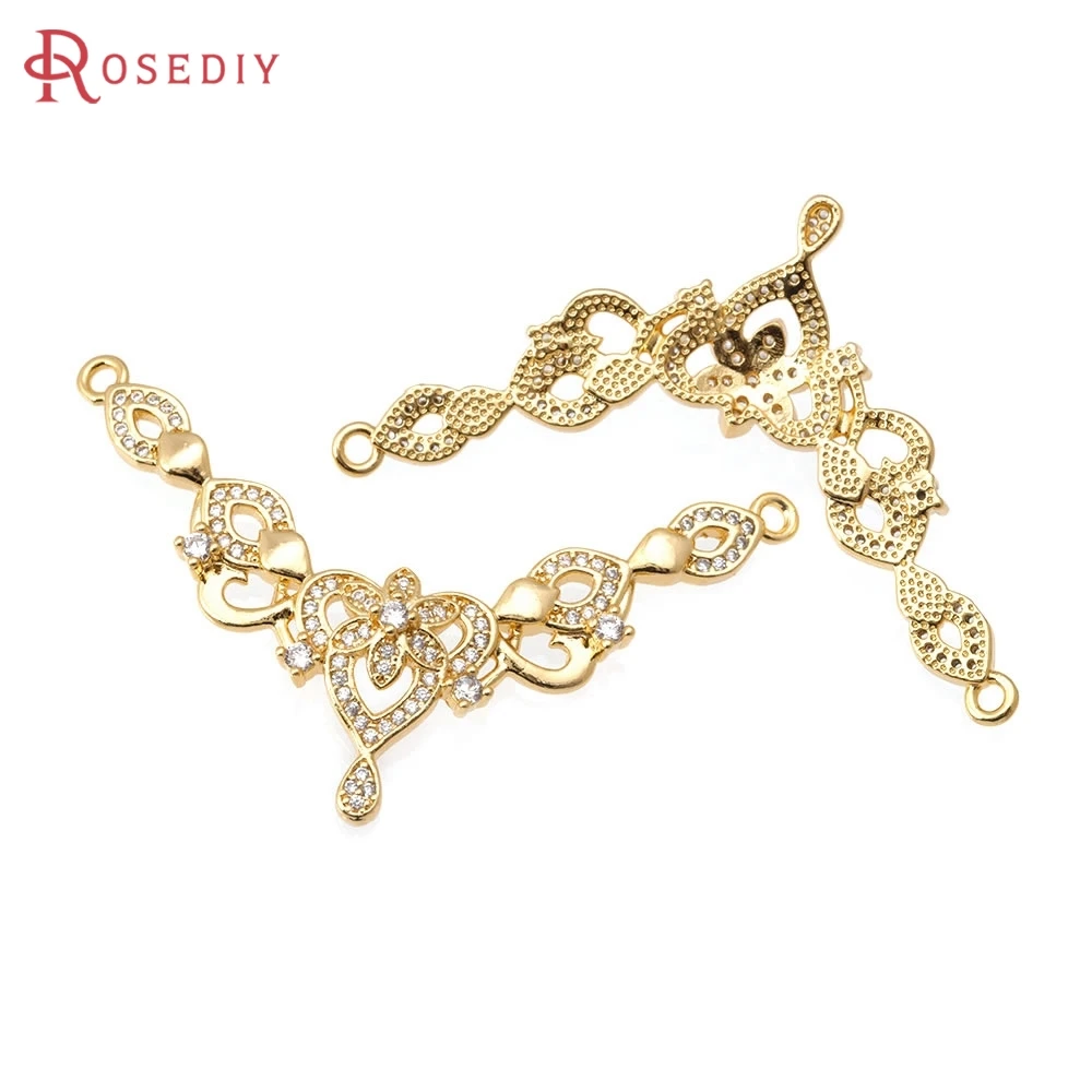 

2PCS 18K Gold Color Brass Zircon 2 Holes Flower Connect Charms Pendants High Quality Diy Necklace Earrings Making Accessories