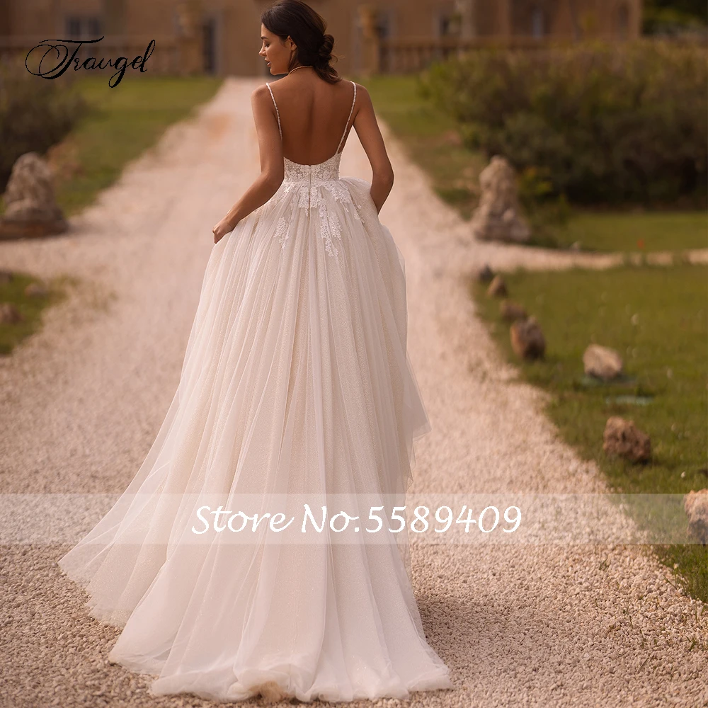 Traugel Elegant Backless Sweetheart Vintage Wedding Dresses Luxury Spaghetti Straps Appliques Court Train A Line Bridal Gown