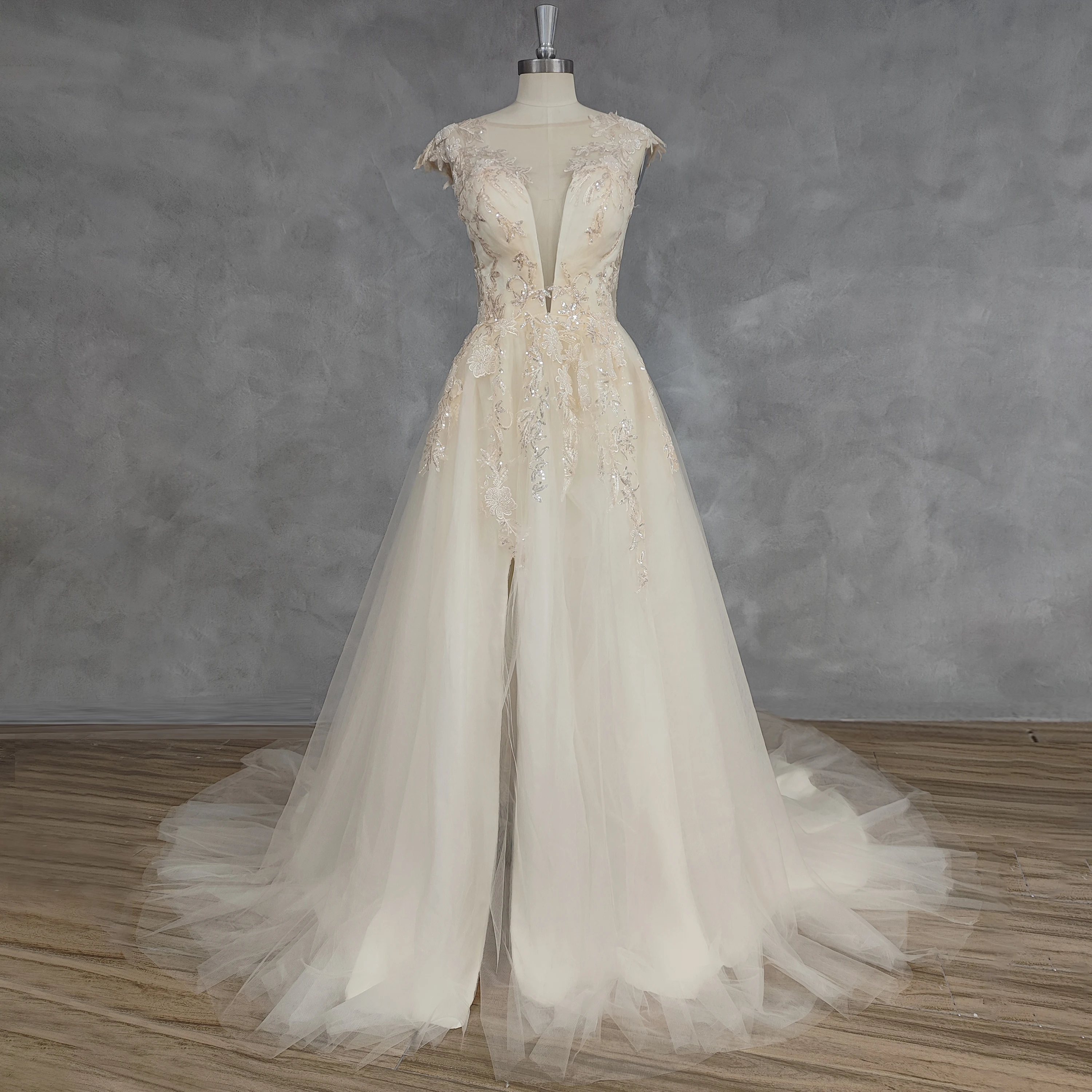 DIDEYTTAWL Real Picture Deep V-Neck Cap Sleeves Tulle A-Line Wedding Dress Button Back Appliques High Side Slit Bridal Gown