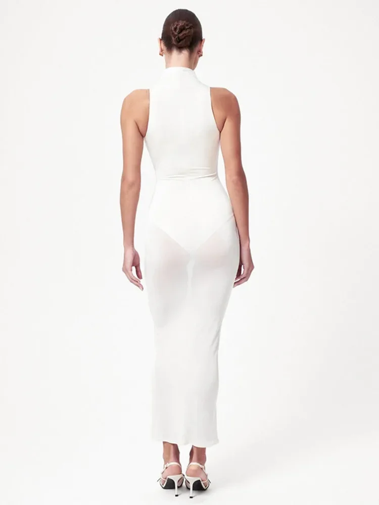Xiaomiotang verão moda fora do ombro sexy maxi vestido feminino ver através de gola alta sem mangas bodycon clube praia vestido longo