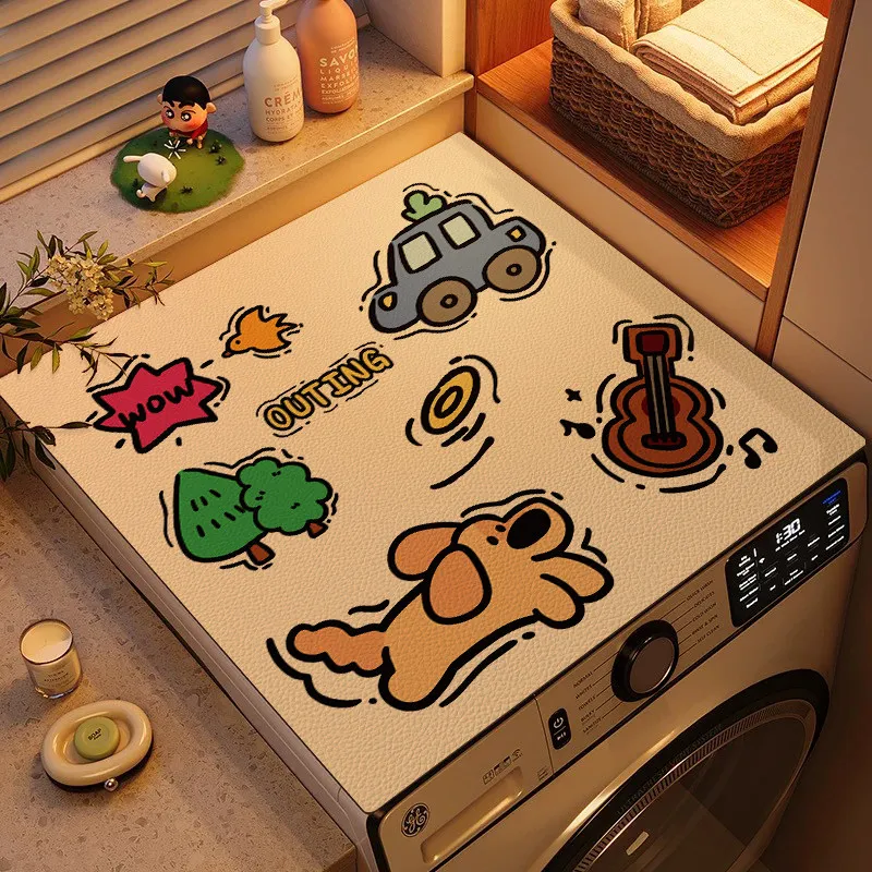 VIKAMA Hand Painted Cartoon Dog Washing Machine Cover Pad Absorbent Non Slip Countertop Pad for Washing Machine Dryer Home Decor