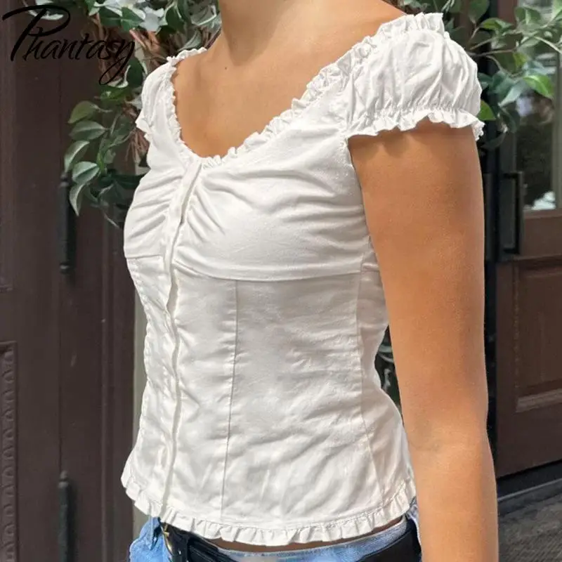 Fantasma y2k mulheres topos sexy listrado blusa fina pescoço quadrado babados camisa moda elegante blusa roupas vintage 2025 verão